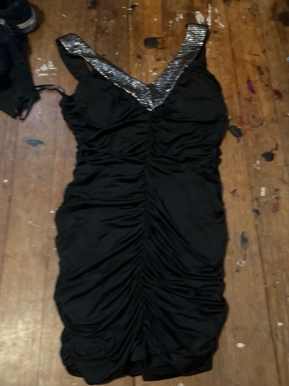 Black Ruched Mini Dress with Silver Sequin V-Neck